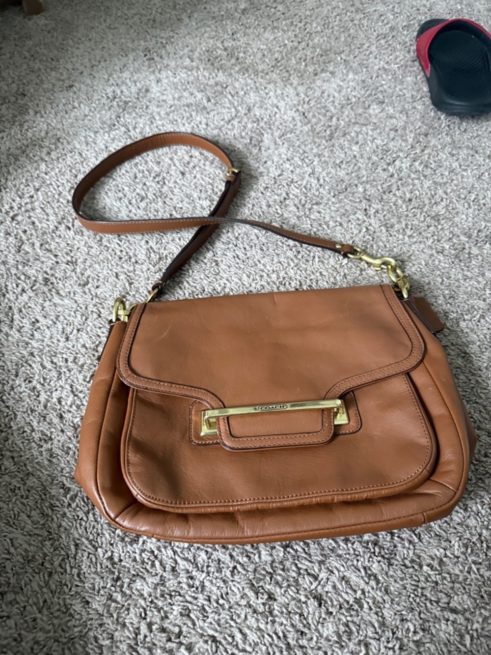 Coach Tan Leather Flap Crossbody with Gold Hardware